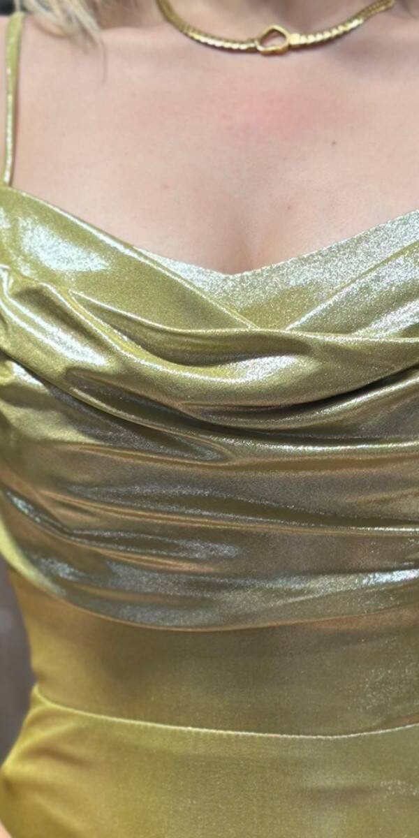 Olive Spaghetti Strap Slit Straight Cut Lycra Long Evening Dress 7429 - 3