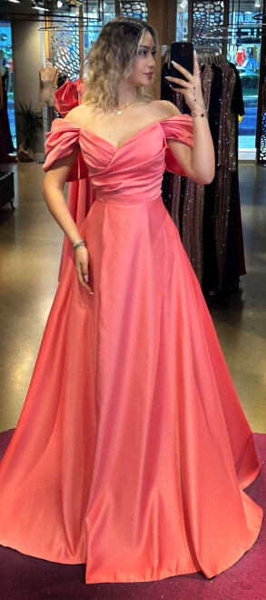 Orange Low Sleeve Wrap Slit Flared Skirt Satin Long Evening Dress 7568 