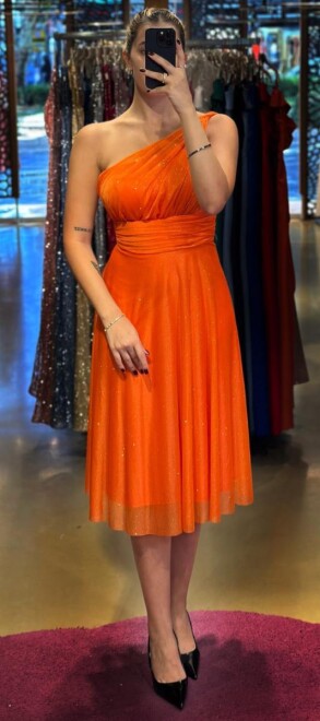 Orange One Shoulder Flared Skirt Glitter Midi Evening Dress 7000 