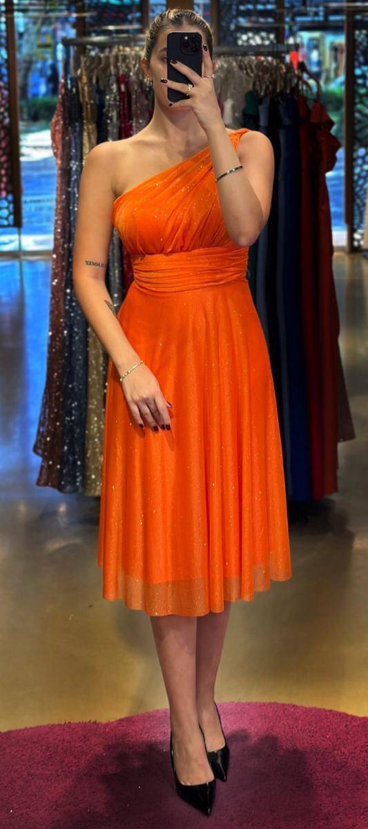 Orange One Shoulder Flared Skirt Glitter Midi Evening Dress 7000 - 1