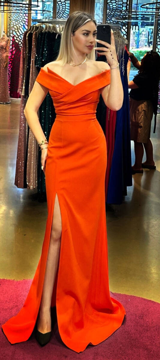 Orange Slit Mermaid Skirt Crepe Long Evening Dress 7507 - 1