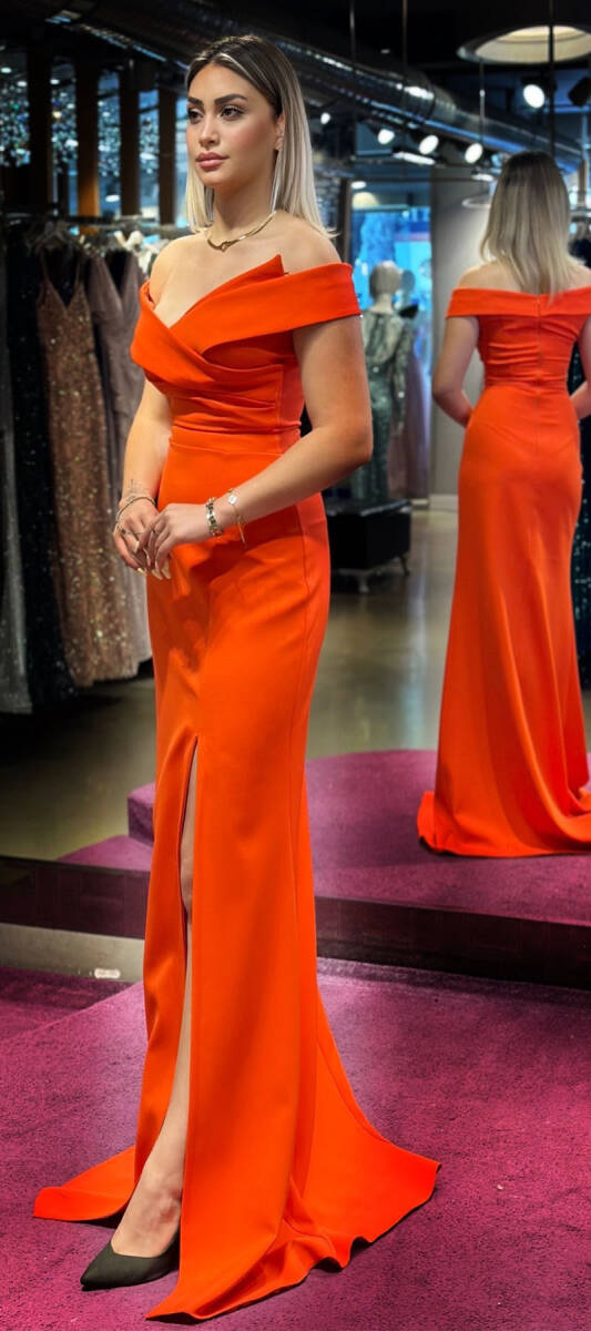 Orange Slit Mermaid Skirt Crepe Long Evening Dress 7507 - 3