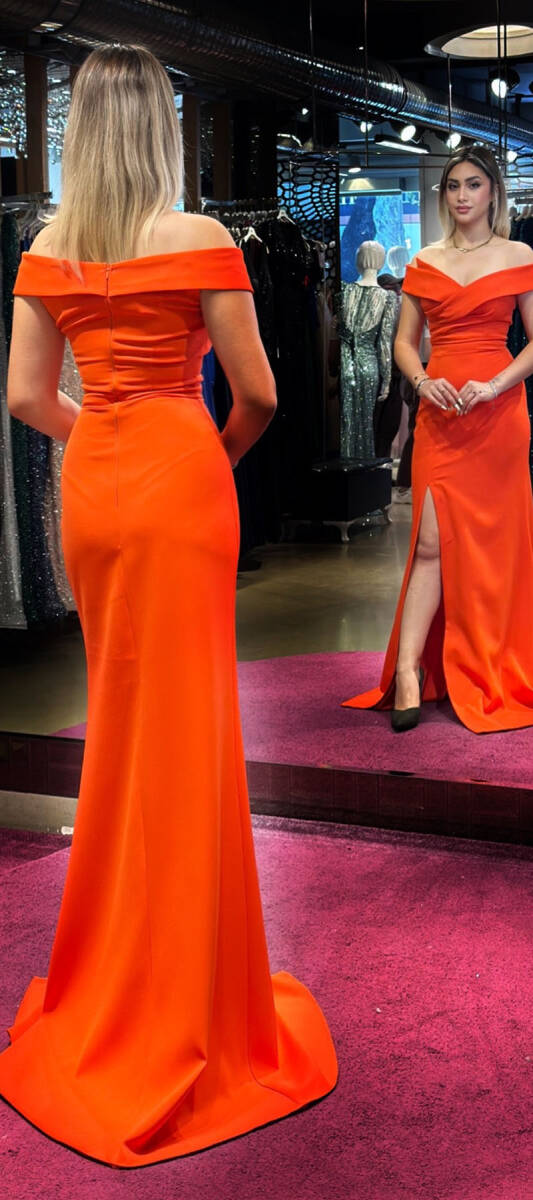 Orange Slit Mermaid Skirt Crepe Long Evening Dress 7507 - 5