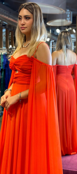 Orange Spaghetti Strap Cleavage Flared Skirt Tulle Long Evening Dress 7416 - 3