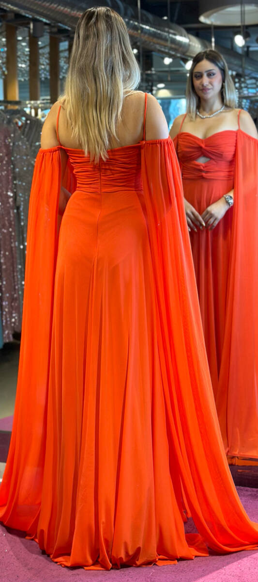 Orange Spaghetti Strap Cleavage Flared Skirt Tulle Long Evening Dress 7416 - 4