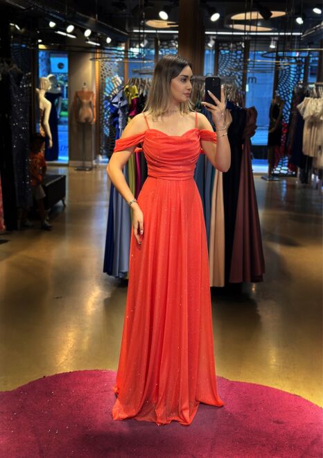 Orange Spaghetti Strap Low-Cut Back Flared Skirt Glitter Fabric Long Evening Dress 7365 - 1