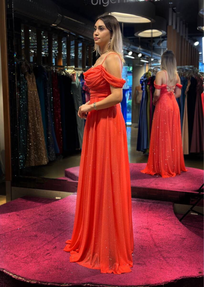 Orange Spaghetti Strap Low-Cut Back Flared Skirt Glitter Fabric Long Evening Dress 7365 - 3