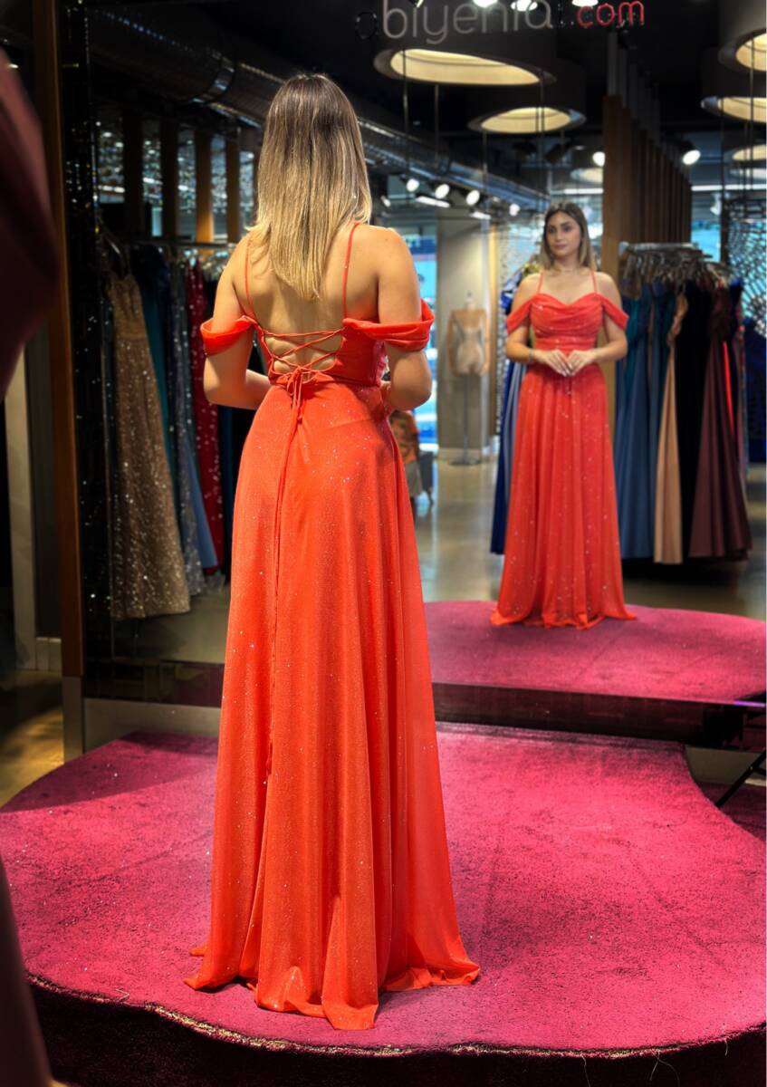 Orange Spaghetti Strap Low-Cut Back Flared Skirt Glitter Fabric Long Evening Dress 7365 - 5