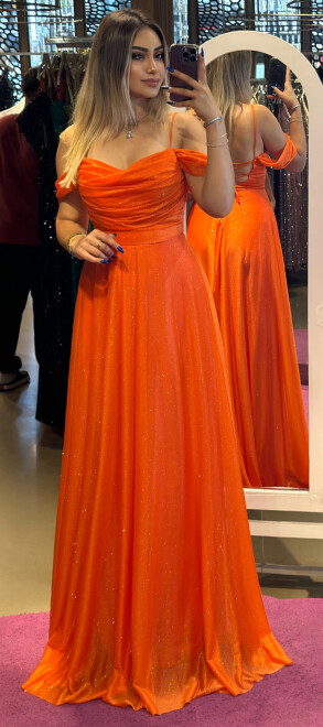 Orange Spaghetti Strap Low-Cut Back Flared Skirt Glitter Fabric Long Evening Dress 7365 