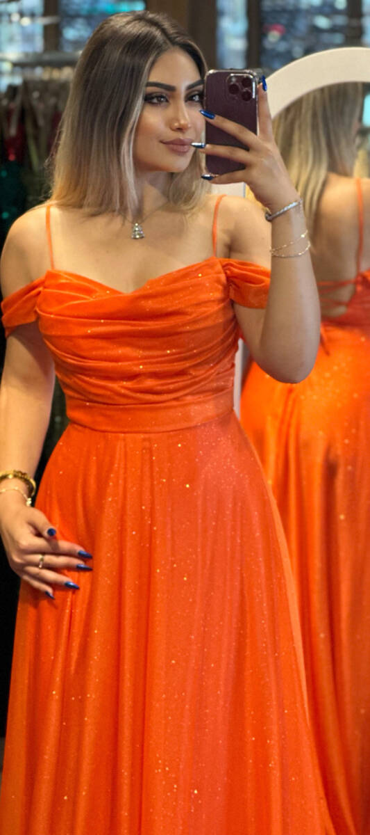 Orange Spaghetti Strap Low-Cut Back Flared Skirt Glitter Fabric Long Evening Dress 7365 - 2