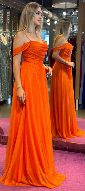 Orange Spaghetti Strap Low-Cut Back Flared Skirt Glitter Fabric Long Evening Dress 7365 - 3