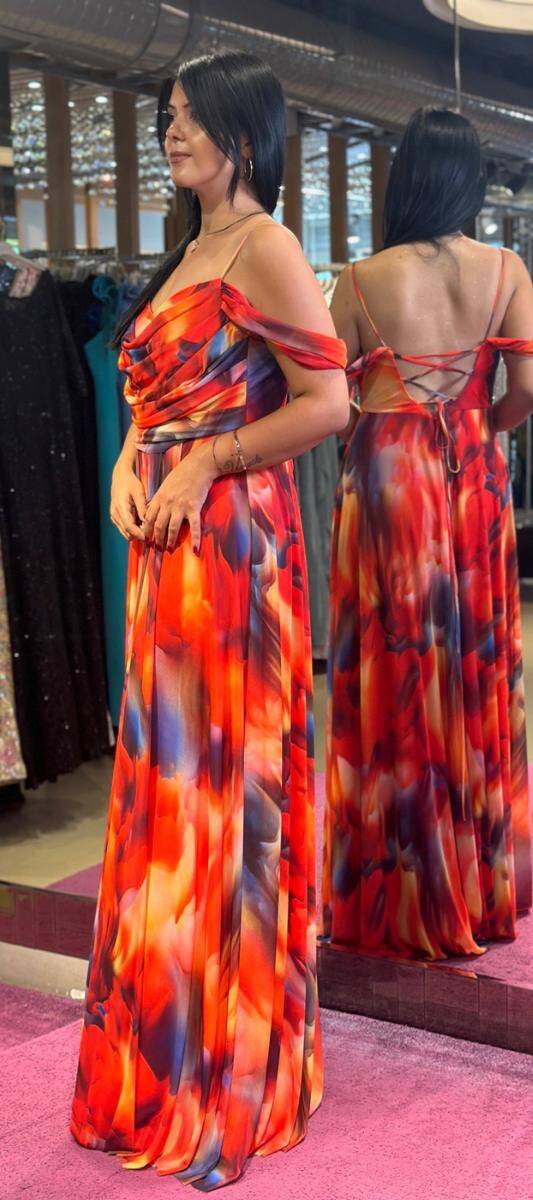 Orange Spaghetti Strap Low-Cut Back Flared Skirt Patterned Long Evening Dress 7592 - 3