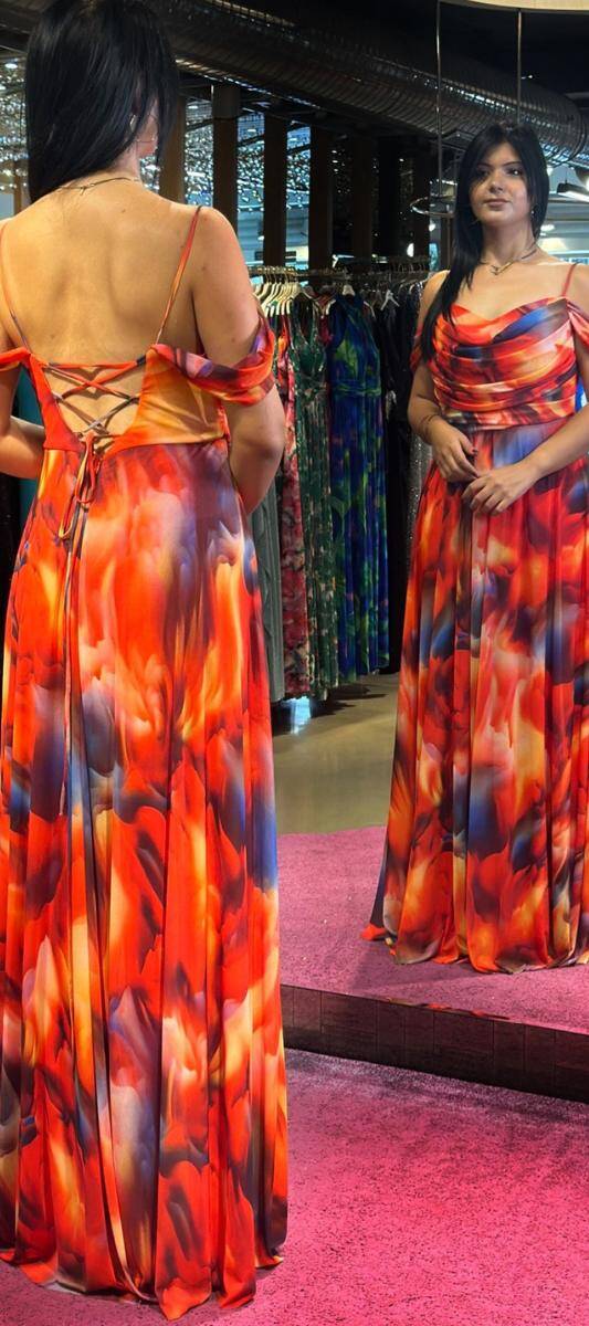 Orange Spaghetti Strap Low-Cut Back Flared Skirt Patterned Long Evening Dress 7592 - 5