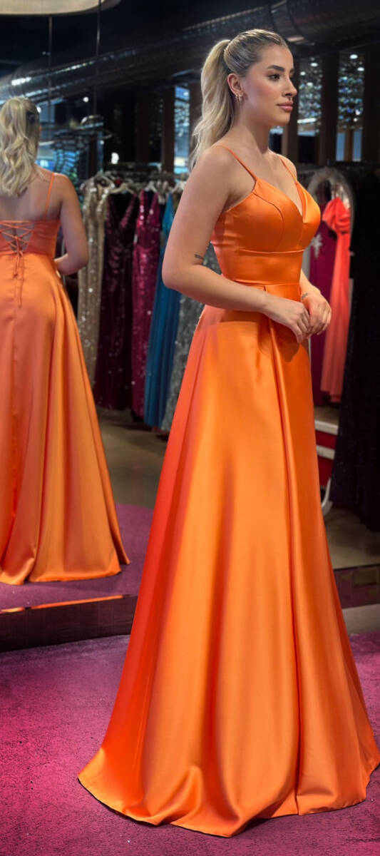 Orange Spaghetti Strap Low-Cut Back Wrap Slit Flared Skirt Satin Long Evening Dress 6777 - 3