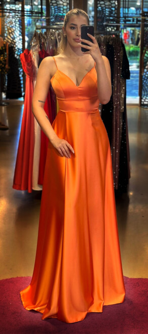 Orange Spaghetti Strap Low-Cut Back Wrap Slit Flared Skirt Satin Long Evening Dress 6777 