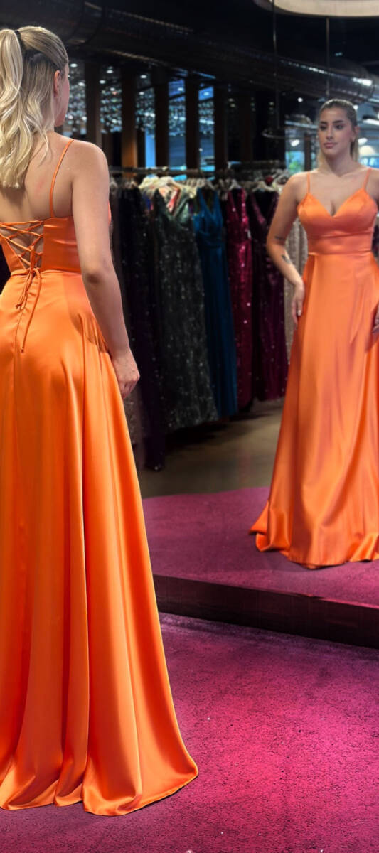 Orange Spaghetti Strap Low-Cut Back Wrap Slit Flared Skirt Satin Long Evening Dress 6777 - 5