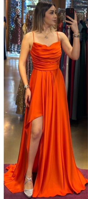 Orange Spaghetti Strap Slit Flared Skirt Satin Long Evening Dress 7234 