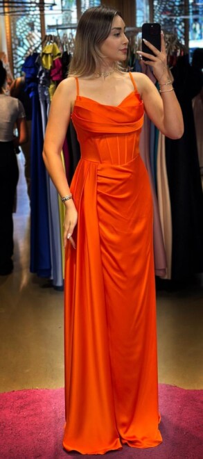 Orange Thin Strapped Slit Straight Cut Satin Long Evening Dress 7564 