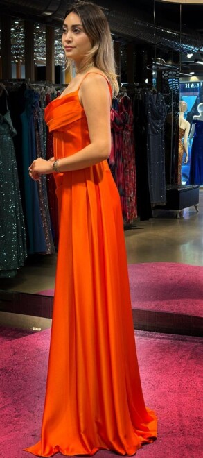 Orange Thin Strapped Slit Straight Cut Satin Long Evening Dress 7564 - 3