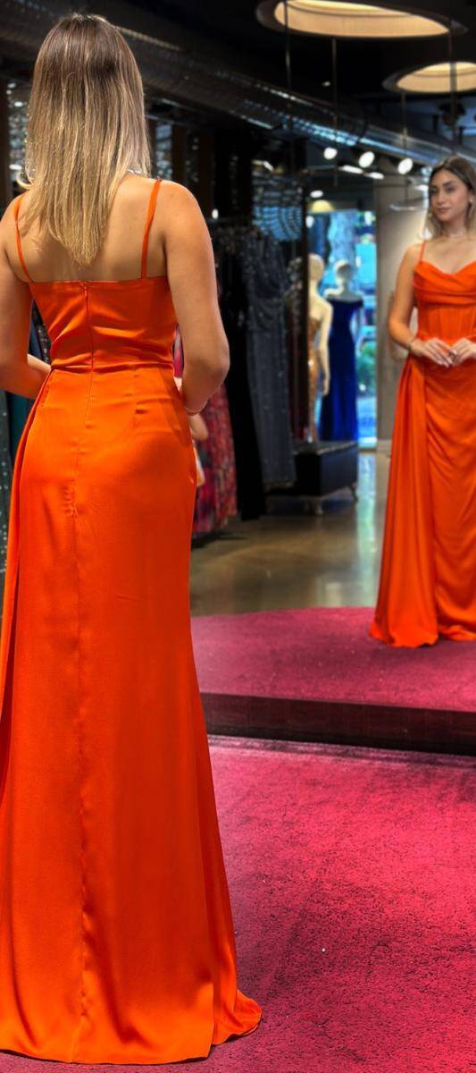 Orange Thin Strapped Slit Straight Cut Satin Long Evening Dress 7564 - 5