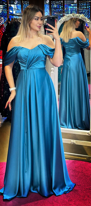 Petrol Blue Flared Skirt Satin Long Evening Dress 7350 