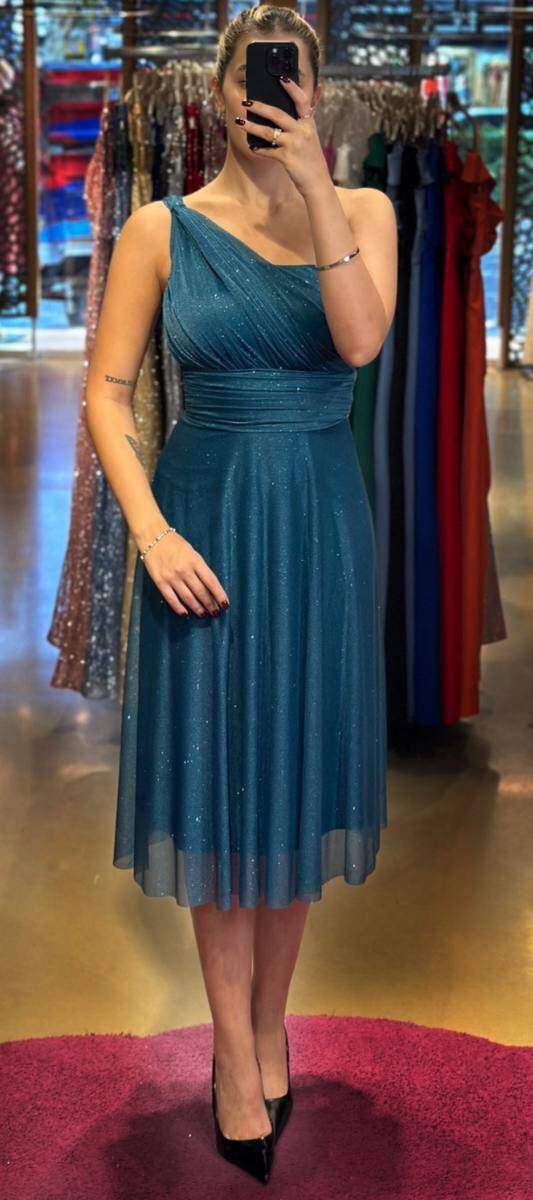 Petrol Blue One Shoulder Flared Skirt Glitter Midi Evening Dress 7000 - 1