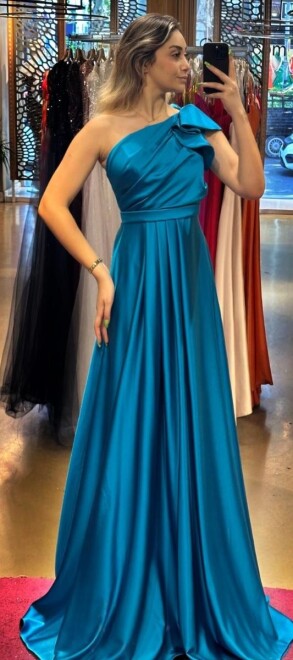 Petrol Blue One Shoulder Flared Skirt Satin Long Evening Dress 7501 