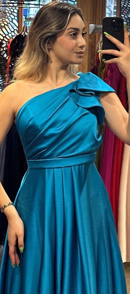 Petrol Blue One Shoulder Flared Skirt Satin Long Evening Dress 7501 - 2