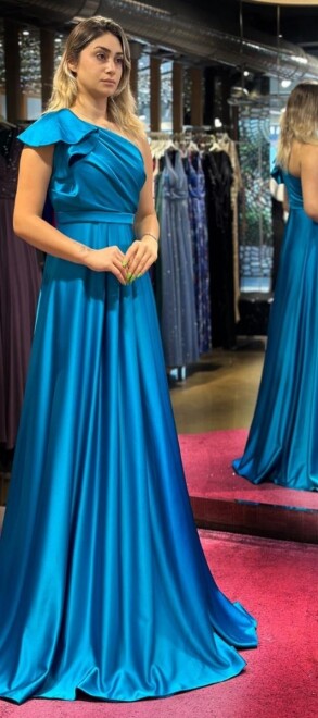 Petrol Blue One Shoulder Flared Skirt Satin Long Evening Dress 7501 - 3