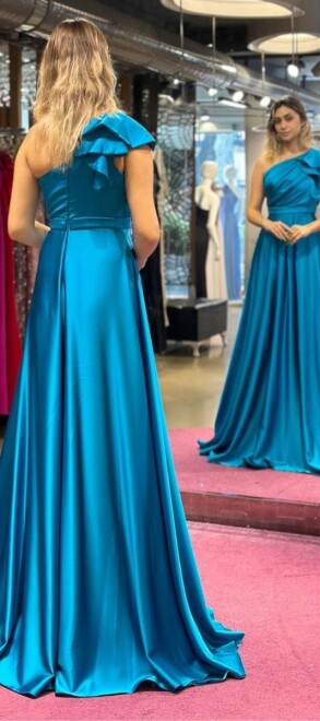 Petrol Blue One Shoulder Flared Skirt Satin Long Evening Dress 7501 - 5