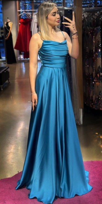 Petrol Blue Spaghetti Strap Low-Cut Back Flared Skirt Satin Long Evening Dress 7281 - 1