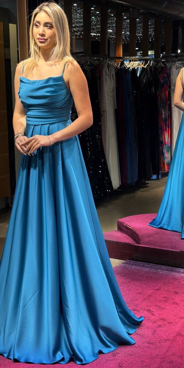 Petrol Blue Spaghetti Strap Low-Cut Back Flared Skirt Satin Long Evening Dress 7281 - 3