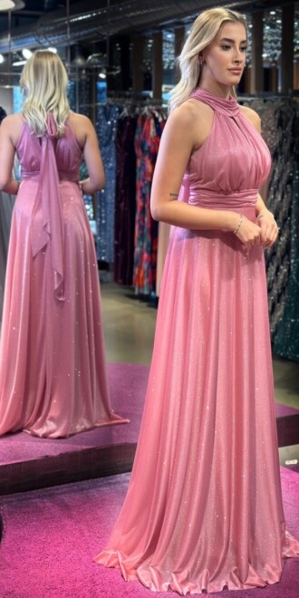 Pink Belted Low-Cut Back Flared Skirt Glitter Fabric Long Evening Dress 6646 - 3