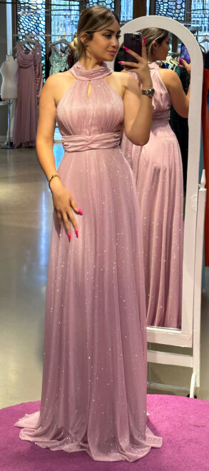 Pink Belted Low-Cut Back Flared Skirt Glitter Fabric Long Evening Dress 6646 