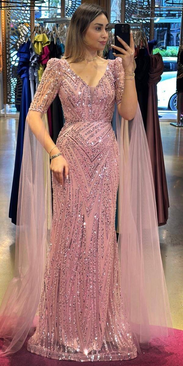 Powder Color Short Sleeve Straight Cut Beaded Sequin Long Evening Dress 7532 - 1