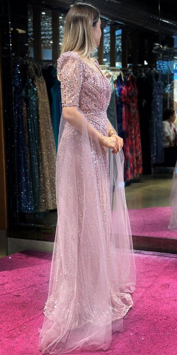 Powder Color Short Sleeve Straight Cut Beaded Sequin Long Evening Dress 7532 - 3