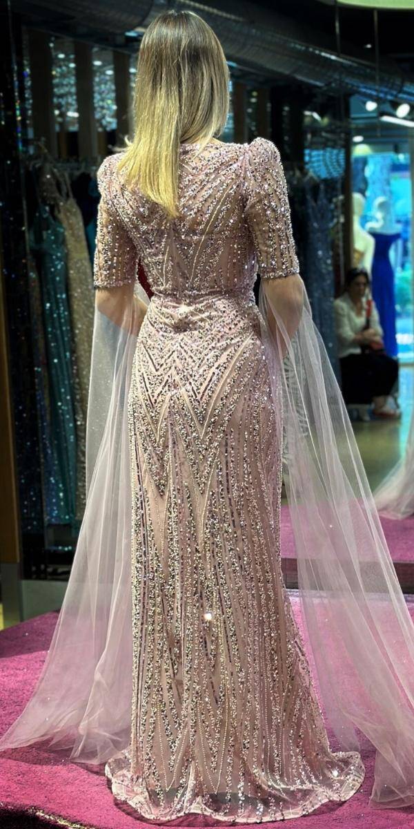 Powder Color Short Sleeve Straight Cut Beaded Sequin Long Evening Dress 7532 - 5