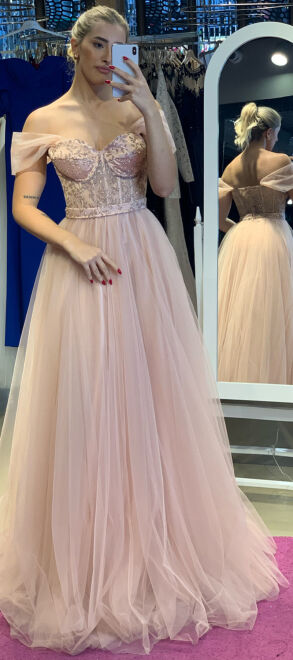 Powder Flared Skirt Tulle Long Evening Dress 7256 - 1