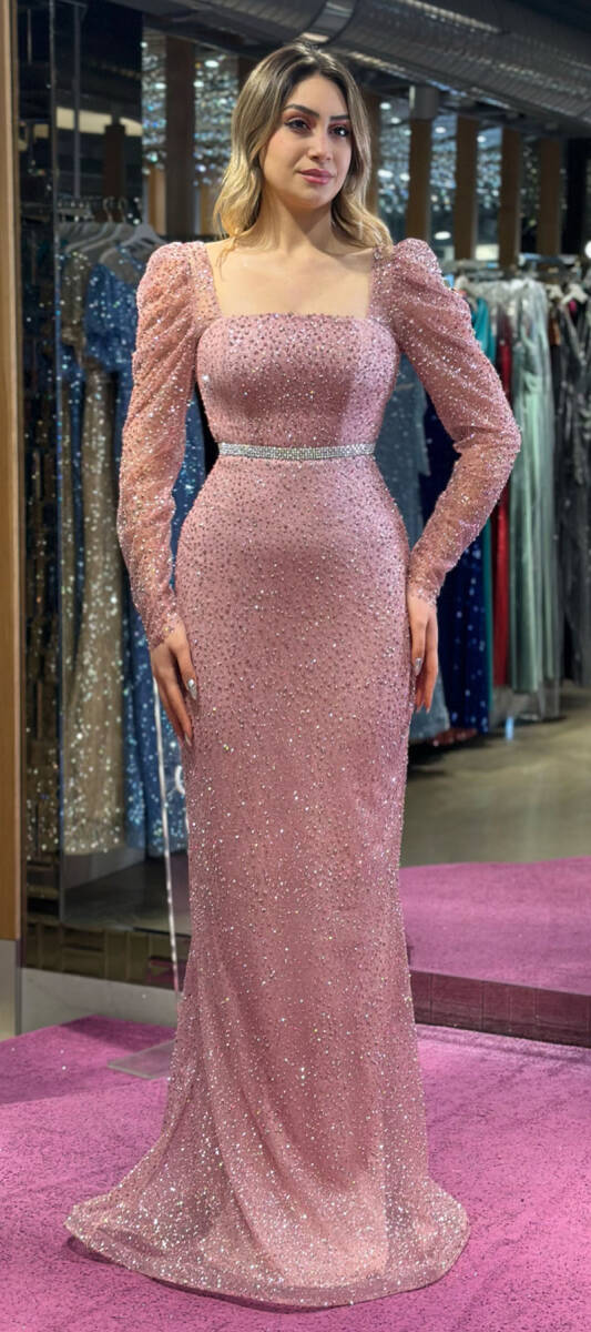 Powder Long Sleeve Belted Straight Cut Glitter Long Evening Dress 7351 - 3