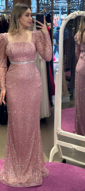 Powder Long Sleeve Belted Straight Cut Glitter Long Evening Dress 7351 - 1