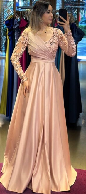 Powder Long Sleeve Lace Detailed Flared Skirt Satin Long Evening Dress 7510 