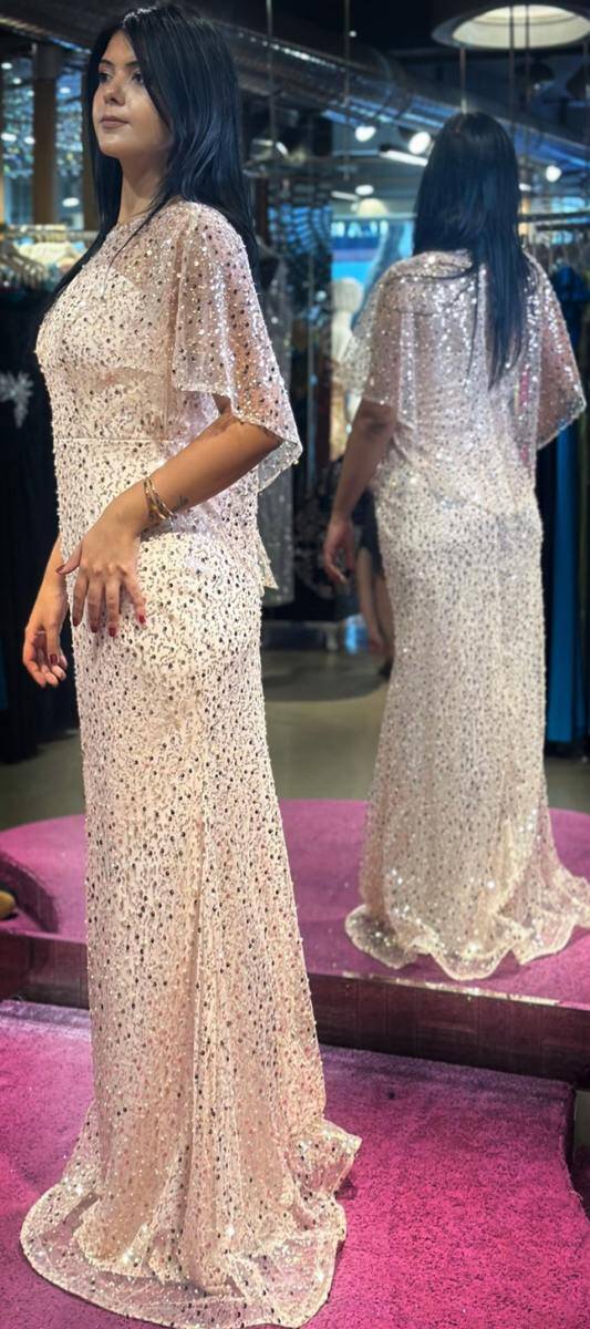 Powder Short Sleeve Straight Cut Beaded Sequin Long Evening Dress 7567 - 1