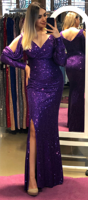 Purple Long Sleeve Slit Straight Cut Sequin Long Evening Dress 7402 