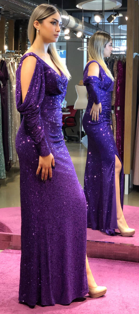 Purple Long Sleeve Slit Straight Cut Sequin Long Evening Dress 7402 - 3