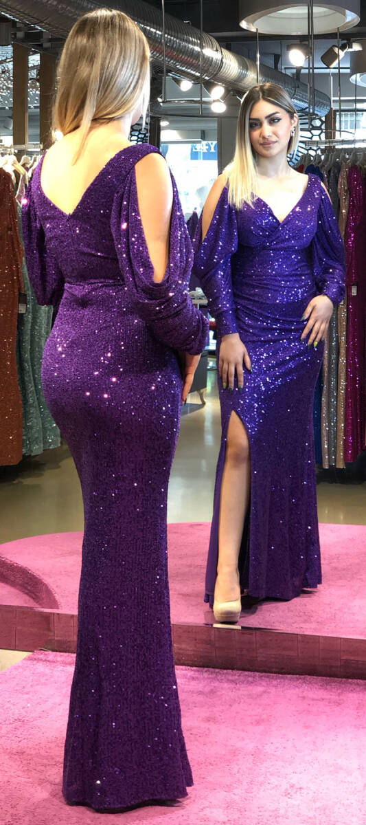 Purple Long Sleeve Slit Straight Cut Sequin Long Evening Dress 7402 - 5