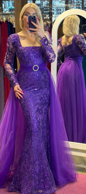 Purple Long Sleeve Straight Cut Glitter Long Evening Dress 7363 