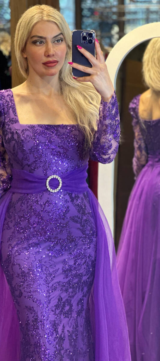 Purple Long Sleeve Straight Cut Glitter Long Evening Dress 7363 - 2