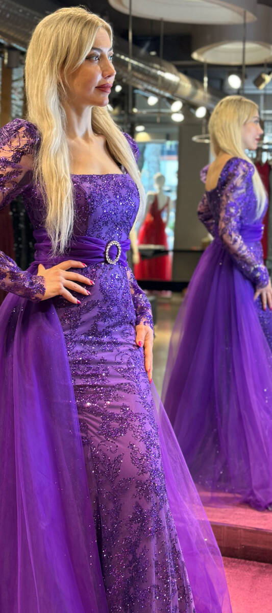 Purple Long Sleeve Straight Cut Glitter Long Evening Dress 7363 - 3