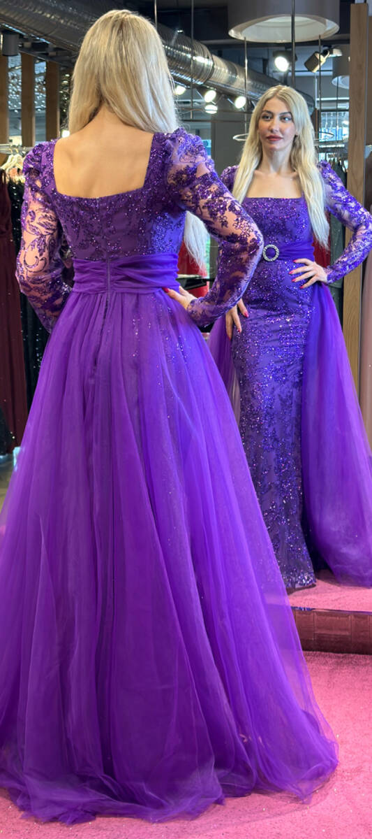 Purple Long Sleeve Straight Cut Glitter Long Evening Dress 7363 - 5