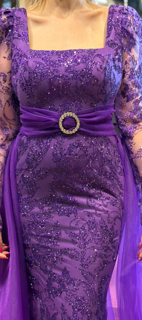 Purple Long Sleeve Straight Cut Glitter Long Evening Dress 7363 - 4